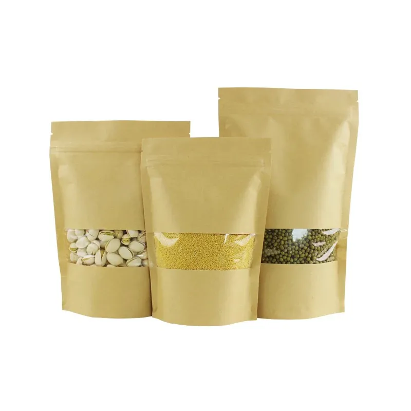 Kraft Paper PE Bags Stand up Food Pouch Bottom Gusset Packaging Bags with Window and Zip-Lock